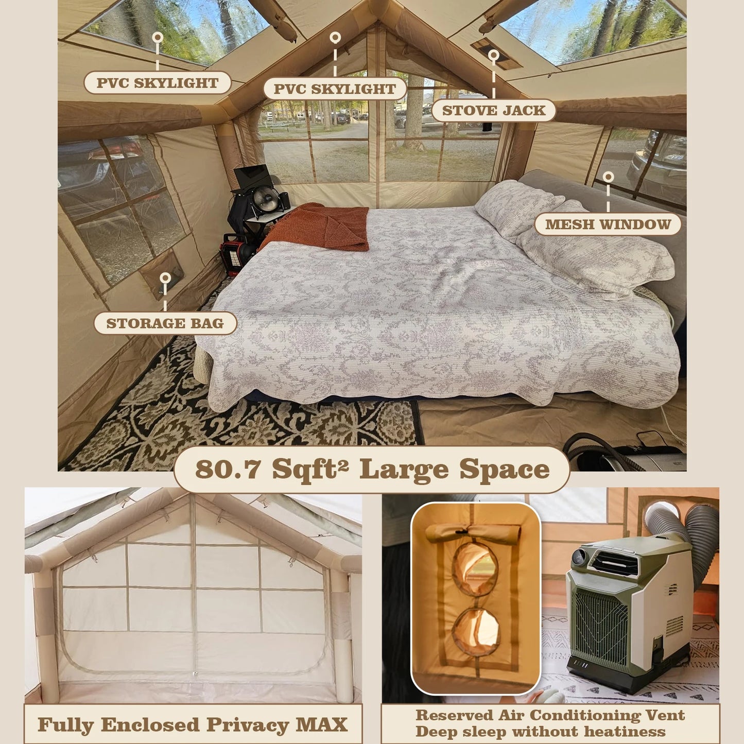 80.7 Square Feet Inflatable Tent with Air Conditioning Vent,4 Season Glamping Blow up Tent for Camping,Waterproof Oxford Fabric