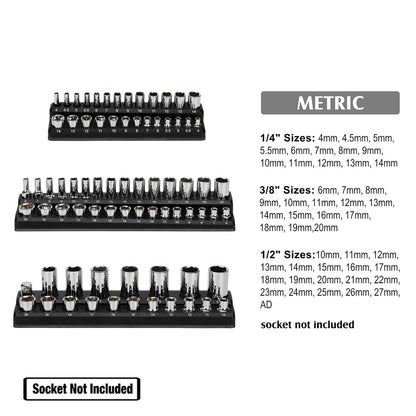 75 Slots Magnetic Socket Organizer Tray Set 3Pcs 1/4" 3/8" & 1/2" Inch Drive Metric Socket Holder Storage Organiser Black Color