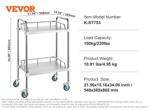 VEVOR Lab Trolley 3-Layer Rolling Cart Metal Mobile Trolley  220 lbs Weight Capacity for Lab Clinic Beauty and Salon