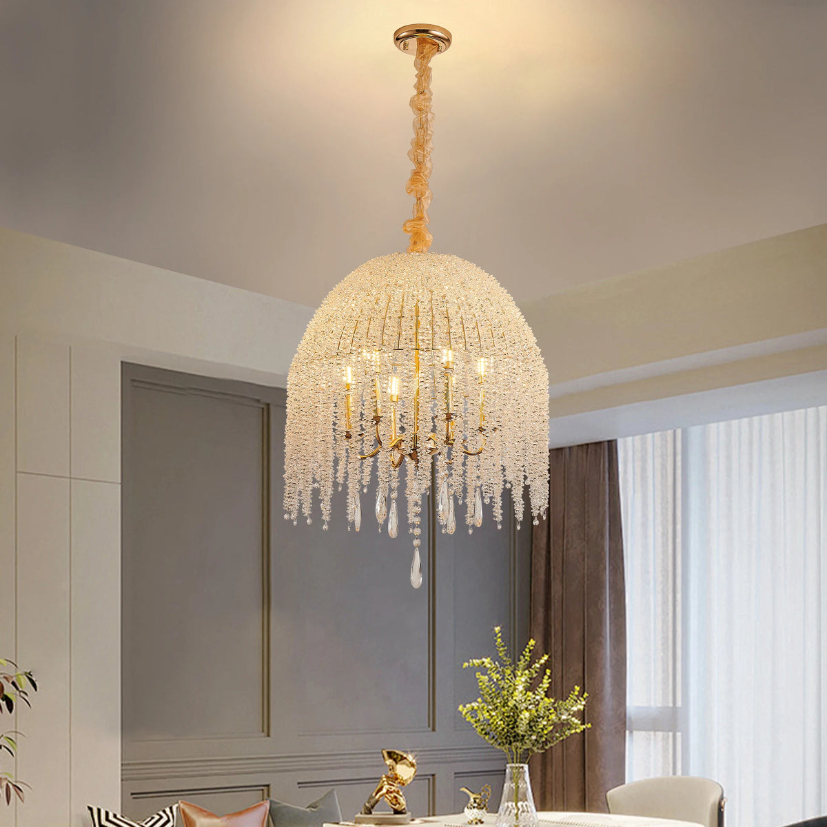 20 Inch 6-Light Crystal Pendant Light Chandelier Elegant Waterfall Design with Crystal Bead Strings and Gold Finish (No Bulb)