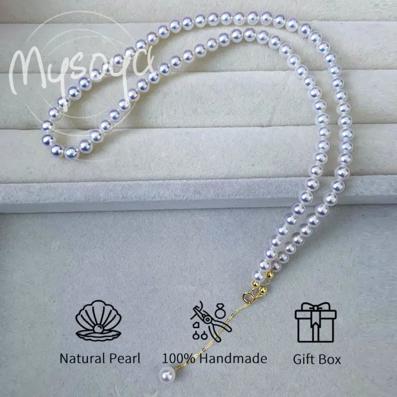 MYSOYA Japan Akoya Seawater Pearl Necklace 5.5-6 Mm Golden S925 Silvery Chain With Gift Box For Her/ Him For Birthday Wedding