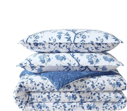 Reversible King Comforter Set with Cotton Bedding, Includes Shams, Euro Shams & Throw Pillows in Elise Blue