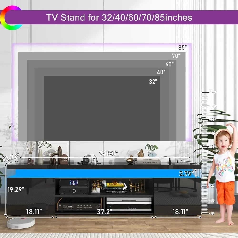 Modern 85 Inch LED TV Stand with Built-in Power Outlet and High Gloss Entertainment Center Featuring Storage and LED Lighting