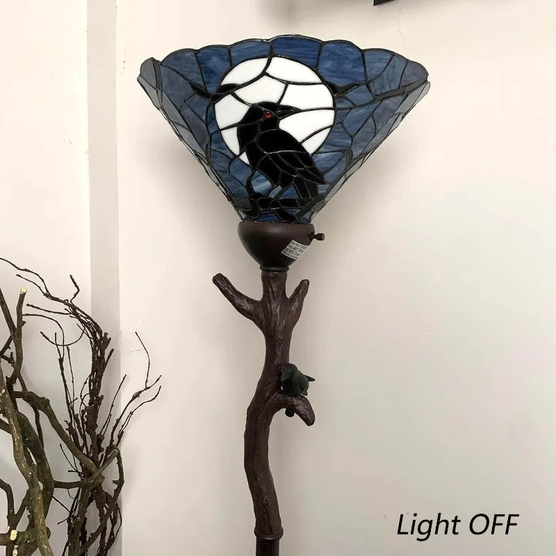 L10959 Raven Sitting on Bare Tree Branch in Full Moon Night Tiffany Style Stained Glass Torchiere Floor Lamp for Halloween