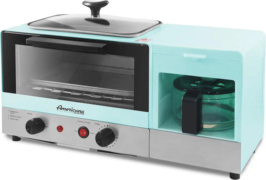 Americana 2-Slice Griddle with Glass Lid, 3-in-1 Breakfast Station, 4-Cup Coffeemaker, Toaster Oven, Blue