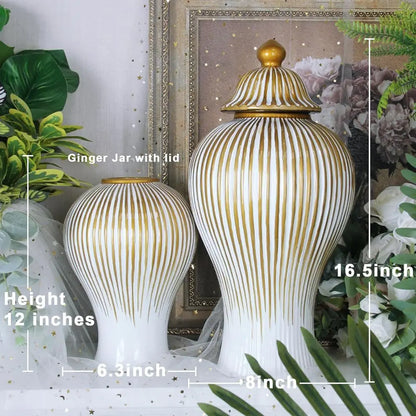 Large Modern Minimalist White & Gold Ceramic Vase for Home Décor, Centerpieces, Living Room, Office, Bedroom, Bookshelf, Mantel