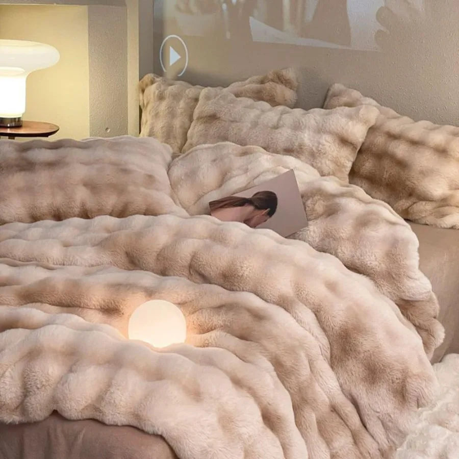 ZYFAB Fluffy Plush Shaggy Bedding Set 4 Pieces Super Soft Winter Reversible Duvet Cover Set in Brown Queen Size with Thick Comf