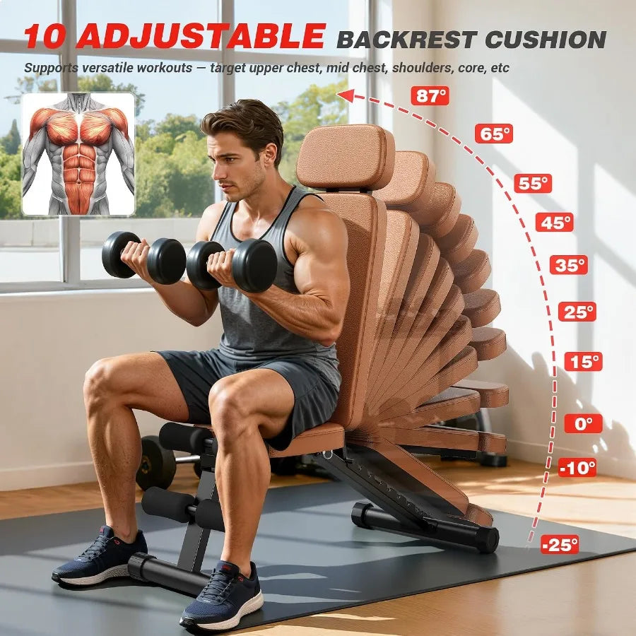 Workout Bench, 10 Backrests Adjustable Weight Bench with Extended Headrest, 800LBS Foldable Weight Bench for Home Gym, Incline