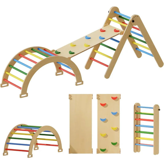 Pikler Triangle Set 5in1 Foldable Montessori Climbing Toys Wooden Baby Climber with Arch Ramp and Ladder Indoor Jungle Gym for