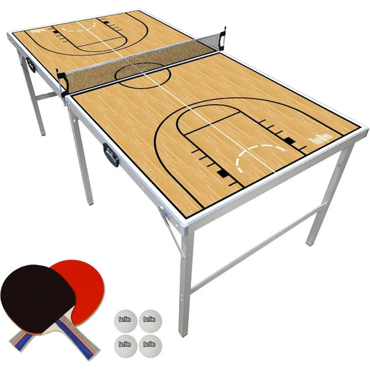 PartyLife 6 ft x 3 ft Mid-Size Portable Folding Indoor Outdoor Ping Pong Table Tennis Table with Optional LED Lights for and Ad