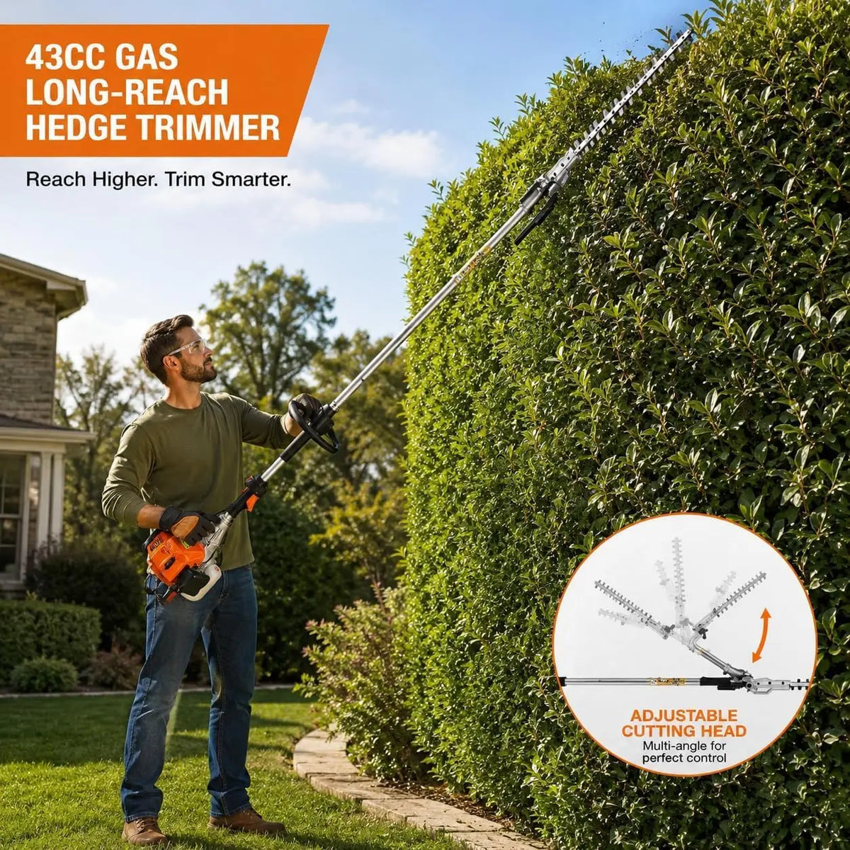 Tacleekii Gas Hedge Trimmer 2 Cycle Engine 24 Inch Dual Action Blade Multi Tool 43CC Engine Options Long Reach Shaft,Anti Vibration Handle,Hedge Care,Yard Landscaping