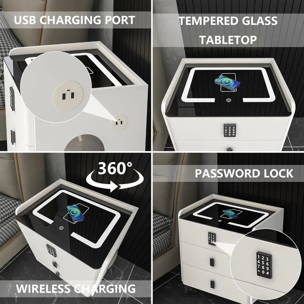 Bedroom LED Nightstand with Charging, Security Code, Wireless Charging, Bluetooth Speaker & USB Port (White)