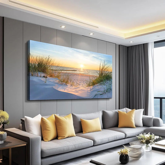 Large Canvas Wall Art for Living Room, Blue Sun Beach Ocean Landscape Painting, Framed Decor