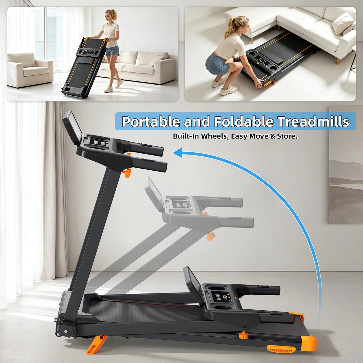 3.0HP Quiet Foldable Treadmill,12% Incline,0.6-7.5MPH 3-in-1 Training,12 HIIT Modes,App,Bluetooth speaker,Heart Rate Monitor,Shock Absorption,300LBS Capacity,Space-Saving Home Gym with Wheels