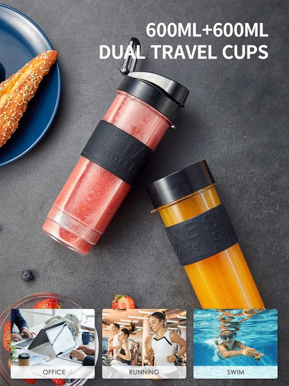 Personal Blender, 500W Electric Shake Bottle with 2x20oz Travel Cups, Portable Shaker for Protein, Smoothies & Coffee (Black)