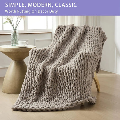 Chunky Knit Throw Blanket, 60x80 Inches, Hand-Knitted with Thick Chenille Yarn, Cozy Soft for Couch and Bed in Taupe