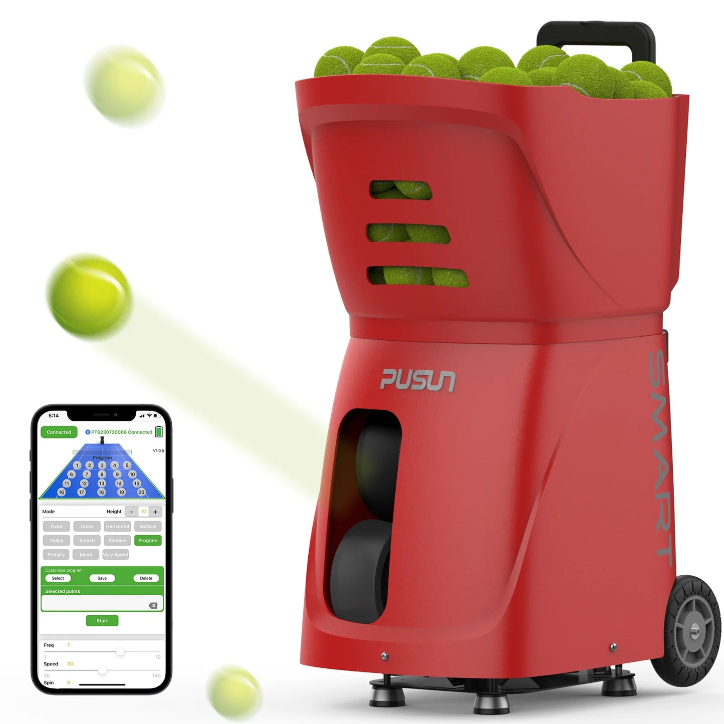 Tennis Ball Machine, PUSUN PT-Smart Tennis Ball Launcher for All Level Tennis Players, 100+Ball Capacity,4-6hs Working Time