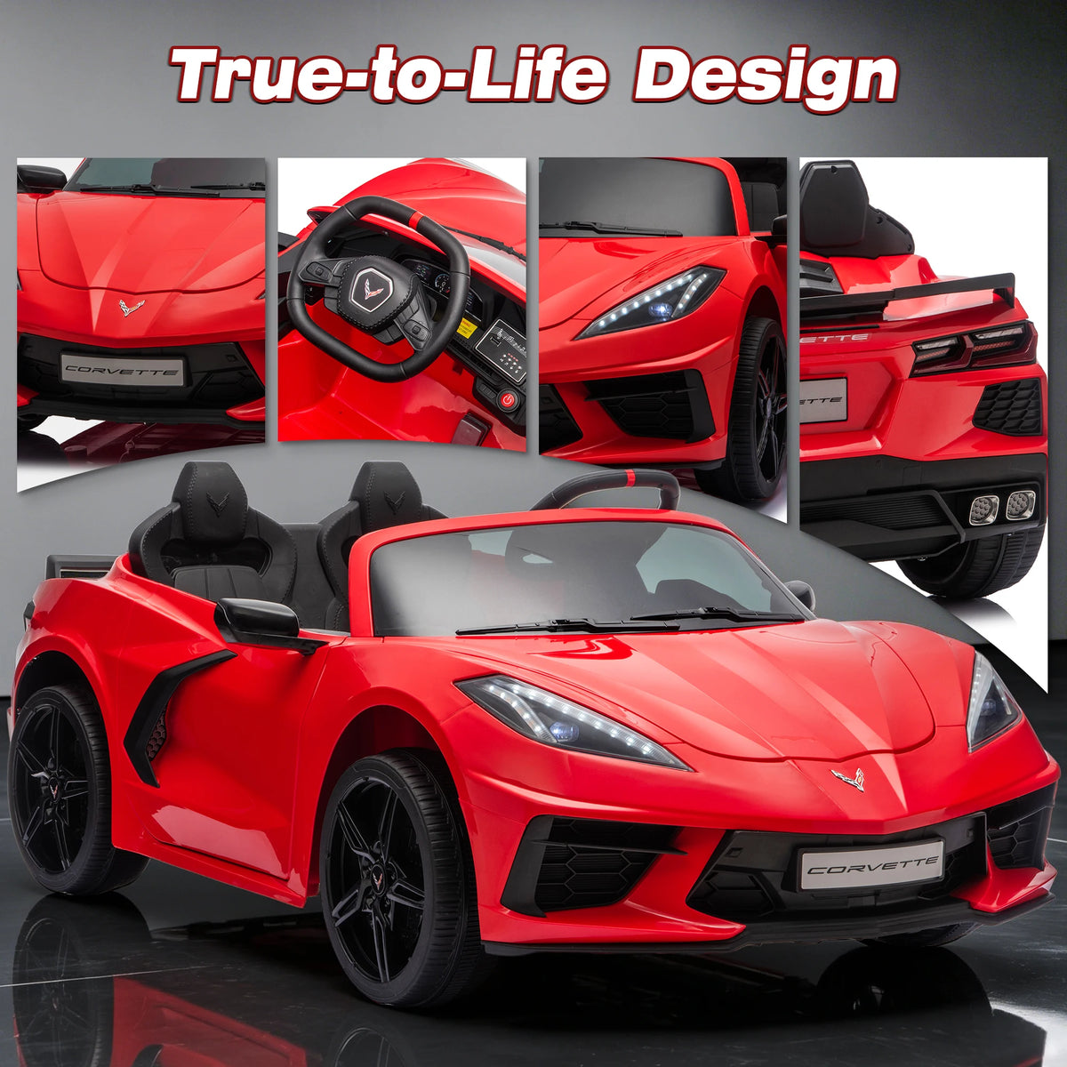 Licensed Corvette 24V Kids Ride On Car 4WD/ 2WD 2 Seater Electric Toy Vehicle, 4x200W Motors, Parent Remote Control, 10" Light Wheels, Dual Drive Modes, Bluetooth Music, XL Large Size Kids Ideal Christmas Halloween Gift for K