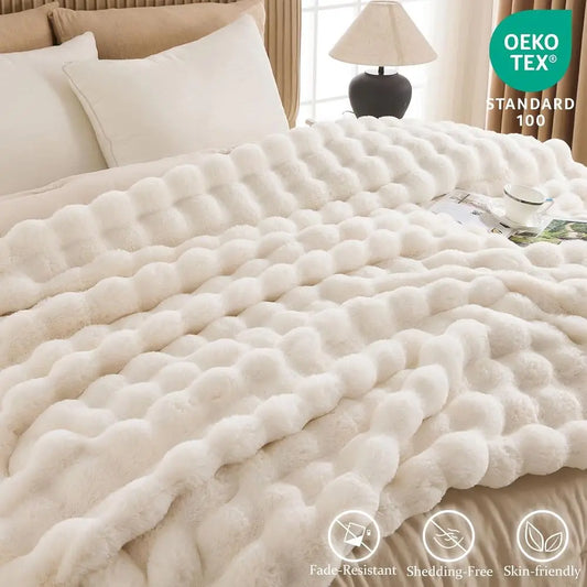 Faux Fur Throw Blanket for Bed-Warm Fuzzy Throw Blanket, Soft Plush Thick Bubble Blankets for Bedroom and Living Room, Furry Lux