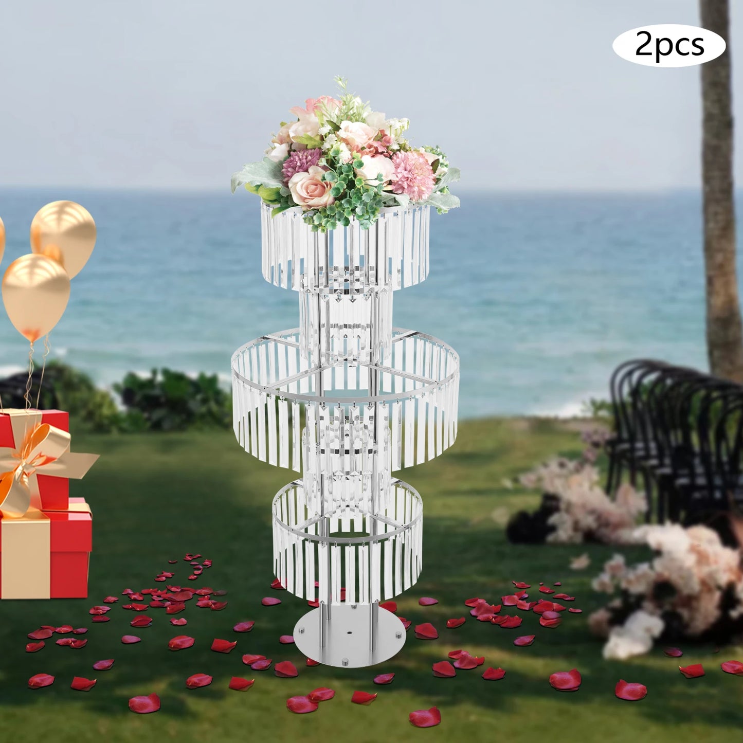 5-Tier Flower Stand, Crystal Vases, Set of 2 Iron Acrylic Clear Silver Wedding Party Home Decor Floor Tabletop Decor