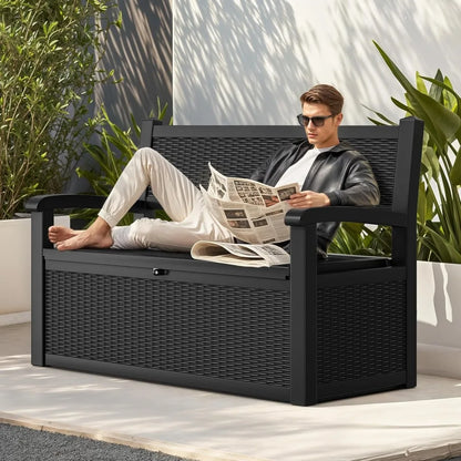 70 Gallon Deck Bench with Storage, Outdoor Storage Box Bench with Armrests for Patio Garden Pool Porch, Waterproof&Lock