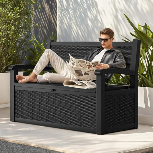 70 Gallon Deck Bench with Storage, Outdoor Storage Box Bench with Armrests for Patio Garden Pool Porch, Waterproof&Lock