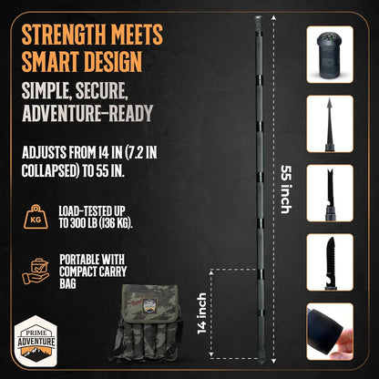 Hiking Tactical Stick - Collapsible Trekking Pole, 15-in-1 Multitool, 8-Tube Outdoor Gear