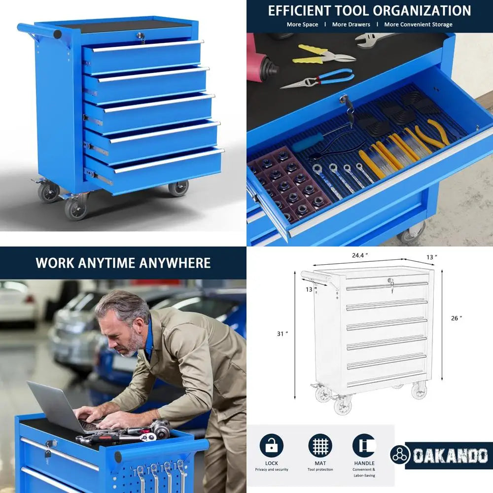 Metal Rolling Tool Chest with 5 Drawers, Lockable Storage Cabinet on Wheels for Garage and Warehouse Organization