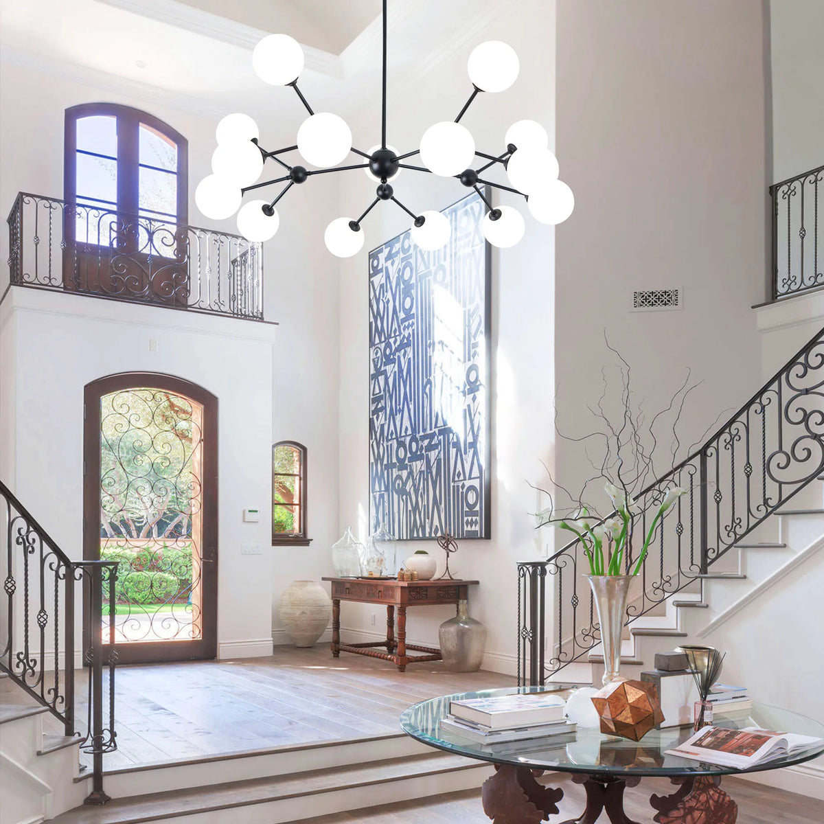 Chandelier Living Room Light Fixtures 15-Lights Sputnik Chandelier Bubble Glass Chandelier for Foyer Dining Room