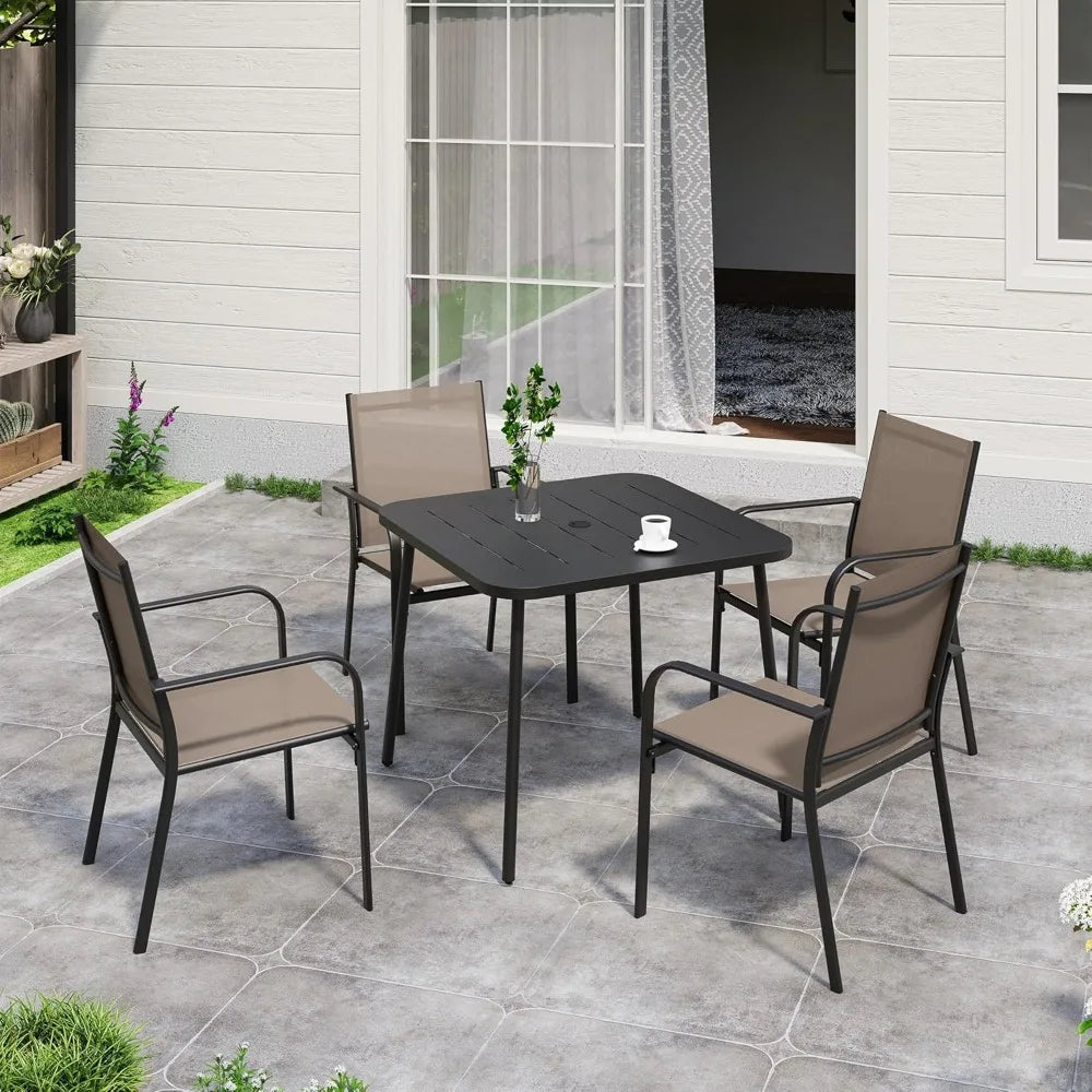 5 Pieces Outdoor Dining Set, Patio Furniture Set of 4 Textilene Chairs with Square Metal Slatted Table with Umbrel