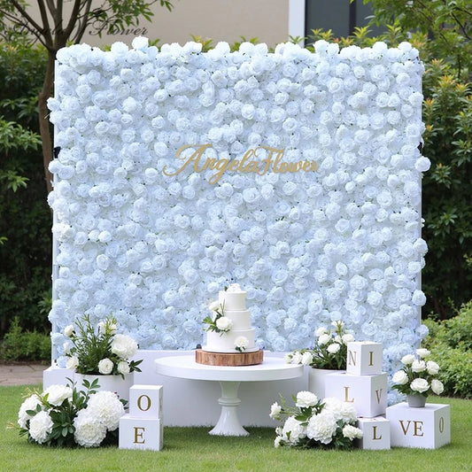 Angela A8911 Pure White Rose Rolling Up Cloth Flower Wall Wedding Backdrop Floral Arrangement Decoration Event Banquet Props
