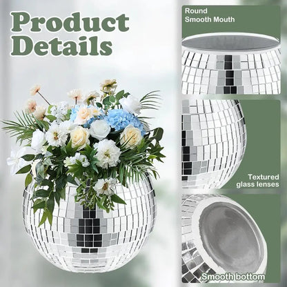 Set of 6 Silver Disco Vases, 5 x 6 Mirror Ball Planters, Glass Candle Holders, White Vases for Centerpieces, Party and Wedding D