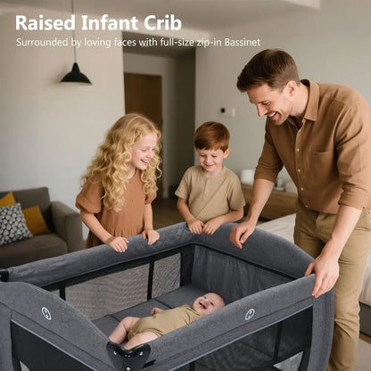 Convertible 4-in-1 Foldable Playard with Bassinet, Changing Table, and Canopy for Babies and Toddlers, Portable Newborn Crib Bed