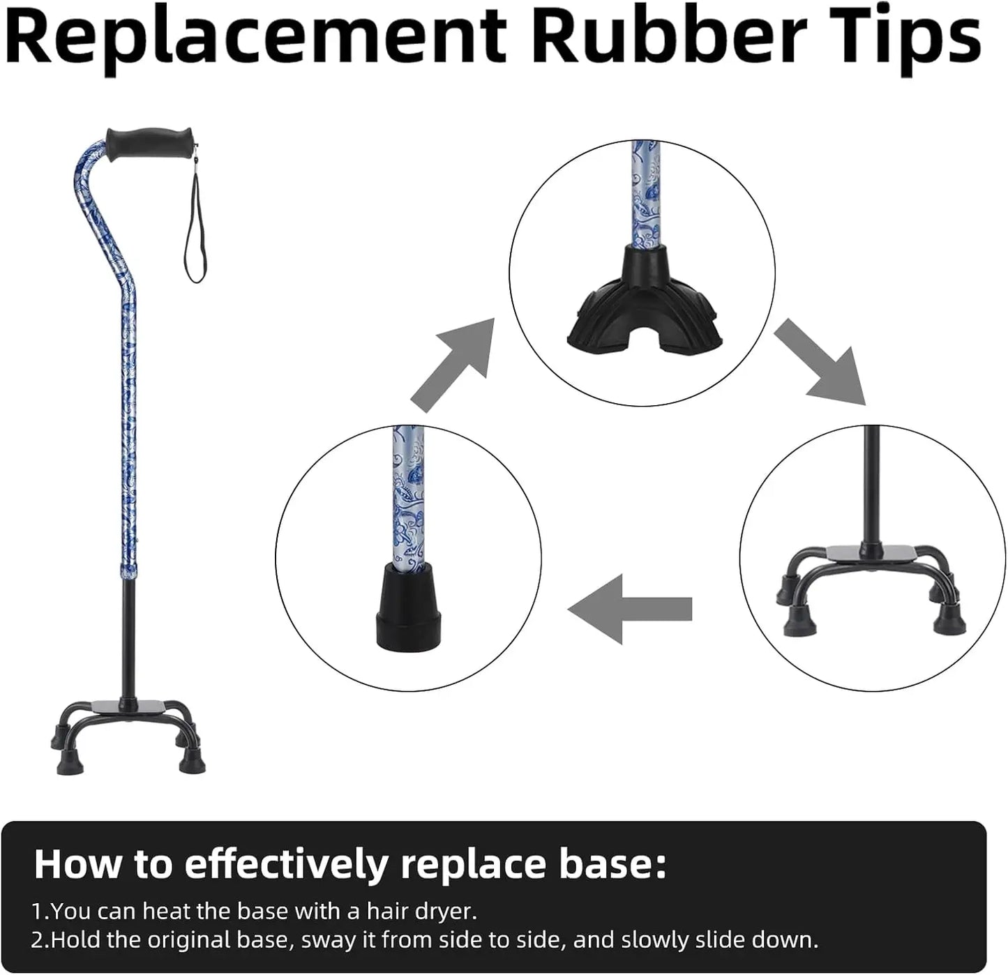 Adjustable Quad Cane with 4-Prong Base for Stability, Folding Aluminum Walking Stick for Seniors