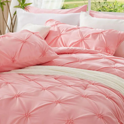 Pink Comforter Set Queen 3 Pieces Boho Pintuck Bedding Comforter Sets, Lightweight Soft amp Warm Bed Comforter Queen with 2 Pill