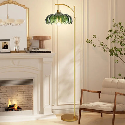 Mid Century Modern Glass Floor Lamp with Remote, Dimmable Gold Arc Light for Living Room, Bedroom, Vintage Retro Green Boho Styl