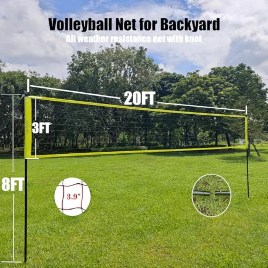 Outdoor Portable Volleyball Net System - Adjustable Hght Poles with Soft Volleyball Ball Pump Hammer Boundary Line and Carry Ba