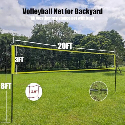 Outdoor Portable Volleyball Net System - Adjustable Hght Poles with Soft Volleyball Ball Pump Hammer Boundary Line and Carry Ba