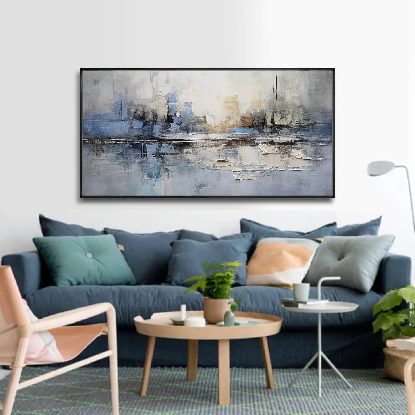 Blue and White Abstract Wall Art Large Framed Canvas Painting for Living Room Bedroom Office Decor Ready to Hang 30x60 Inches