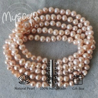 MYSOYA Six-layer Pink Freshwater Pearl Bracelet 5-6mm With Gift Box For Her/ Him Suitable For Birthday Weddings Valentine's Day.