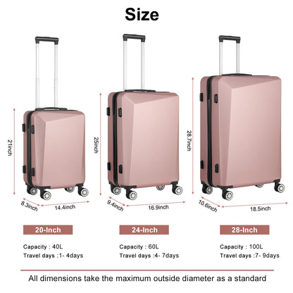 3-PC Champagne ABS Luggage Set w/Ergo Handle & Smooth-Zipper, 360° Spinner Wheels Trolley Cases - Lightweight Travel Suitcases