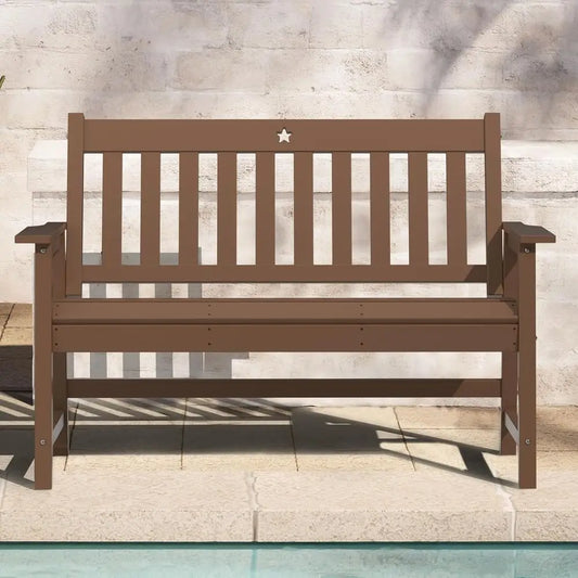 2-Person Garden Bench, Weatherproof HDPE Outdoor, Patio Porch Backrest Armrests, Max Load 810 Lbs Teak