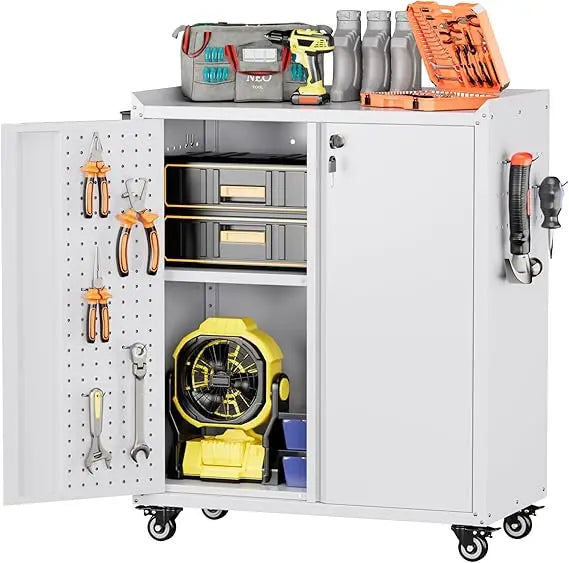 Adjustable Shelves Metal Garage Storage Cabinet with Wheels, 71 Tall, Lockable Doors, and Pegboard for Garage Organization