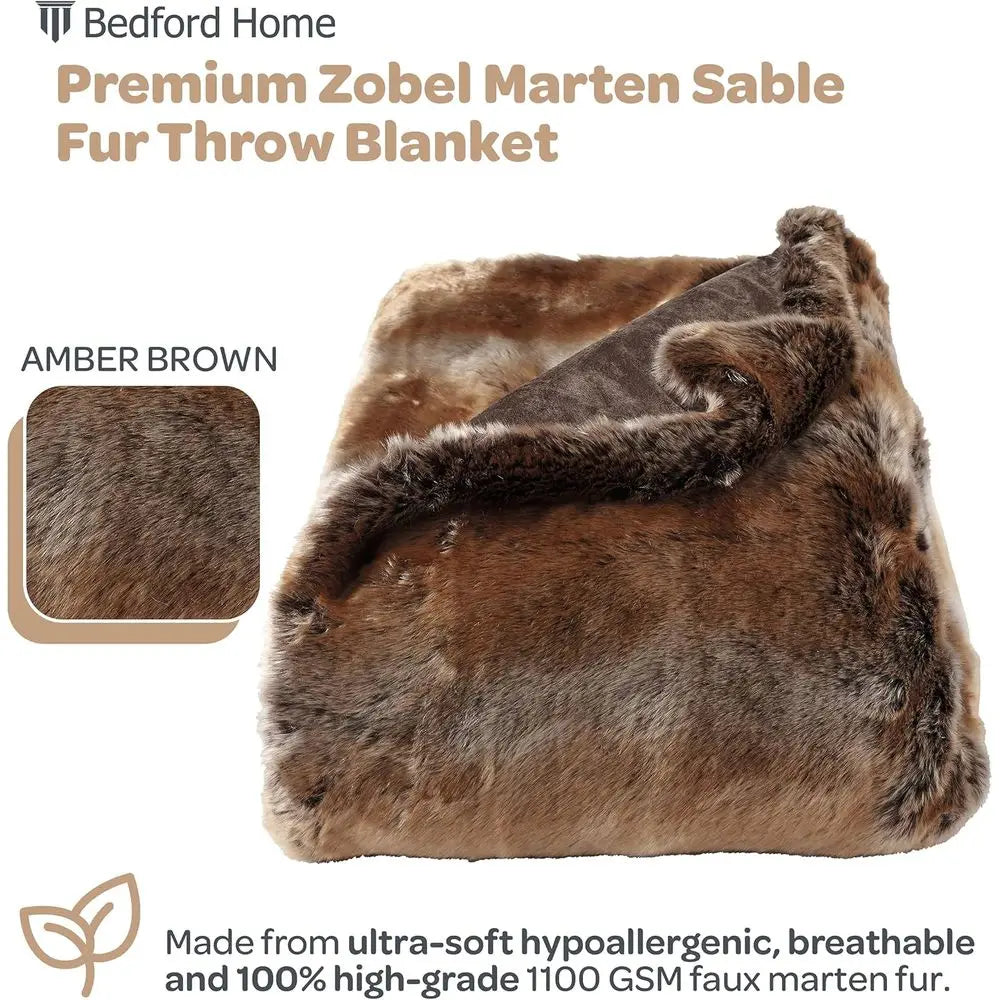 Faux Fur Throw - Luxurious, Hypoallergenic Premium Zobel Faux Marten Sable Fur Blanket with Plush Mink Back and Gift Box, 60x70”