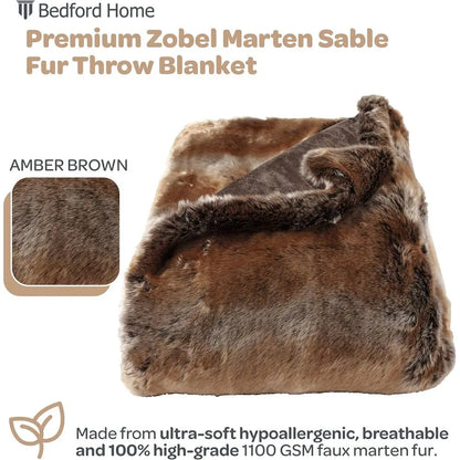 Faux Fur Throw - Luxurious, Hypoallergenic Premium Zobel Faux Marten Sable Fur Blanket with Plush Mink Back and Gift Box, 60x70”