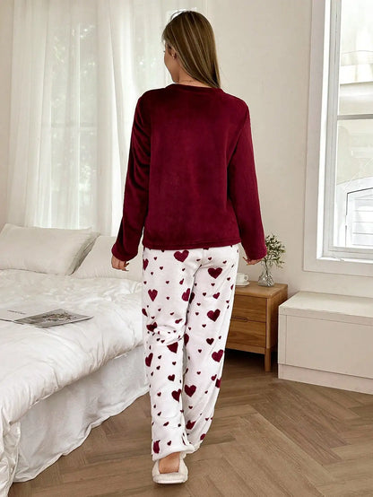 Velvet Heart Print Pajama Set for Women - Cozy Long Sleeve Top & Pants, Fall Winter Loungewear