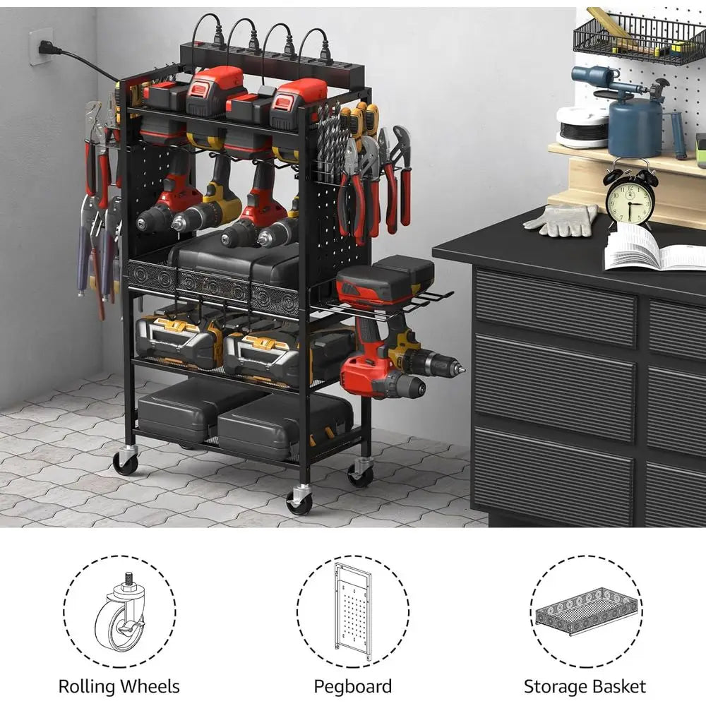 Black Rolling Garage Storage Cart with Power Tool Organizer and Charging Station for Mechanics
