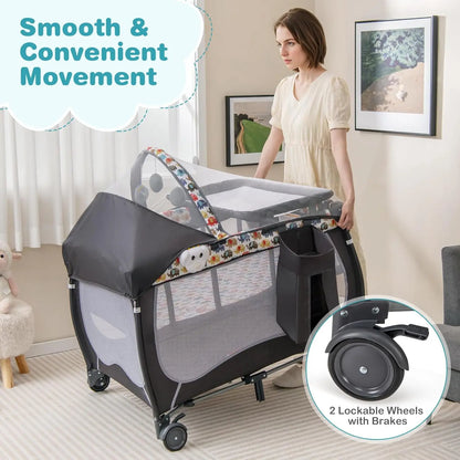 4-in-1 Portable Baby Playard with Bassinet, Changing Table, Lockable Wheels & Music, Foldable Travel Crib for Newborn to Toddler
