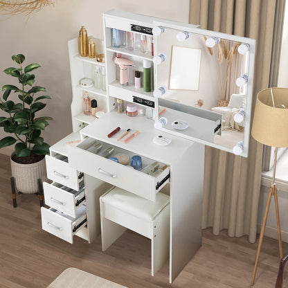 White Makeup Dressing Table W/ Lights Sliding Mirror 4 Drawers Vanity Desk Stool