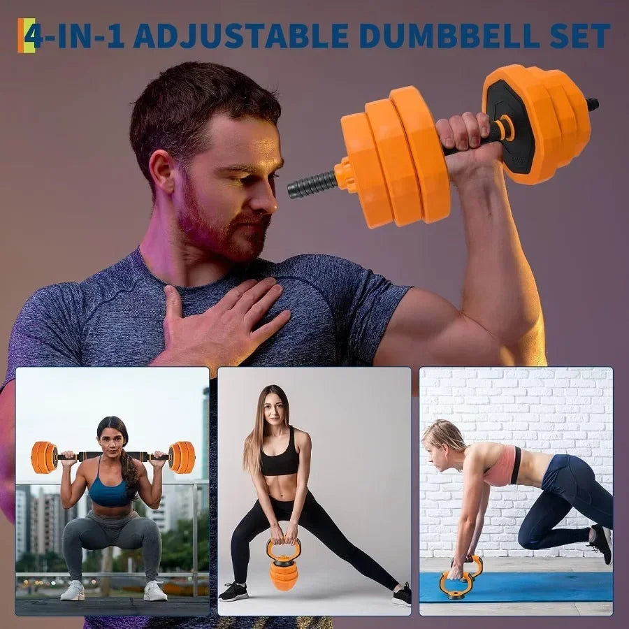 4-in-1 Adjustable Dumbbell Set for Home Gym Use as Dumbbells, Barbell, Kettlebells, Push Up Stand Full Body Strength Training E
